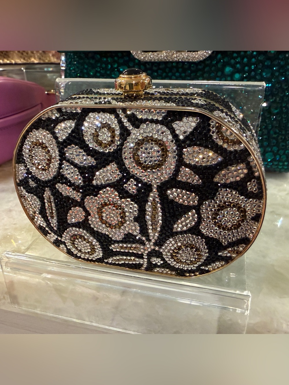 Judith Leiber Embellished Black Swavroski Crystal Floral Evening Clutch